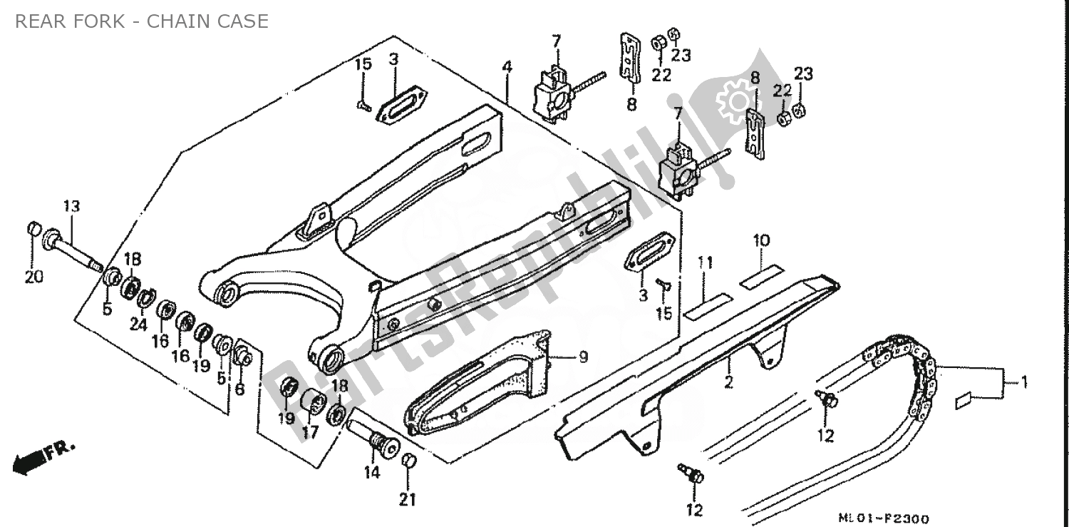 All parts for the Rear Fork - Chain Case of the Honda VFR 400 1986