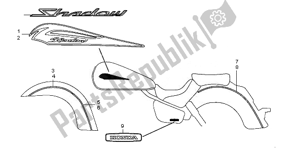 All parts for the Emblem & Stripe of the Honda VT 750 CS 2010