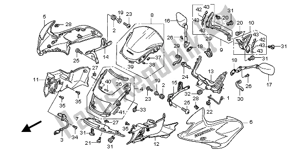 Alle onderdelen voor de Fr. Motorkap En Zijkap En Voorruit van de Honda CB 1300 SA 2005