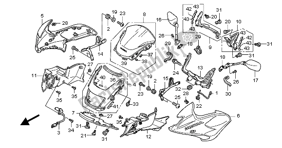 All parts for the Fr. Cowl & Side Cowl & Windscreen of the Honda CB 1300 SA 2005