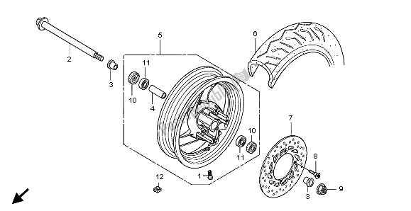 All parts for the Front Wheel of the Honda FES 150 2007