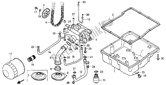 All parts for the Oil Filter & Oil Pan & Oil Pump of the Honda VFR 750F 1989