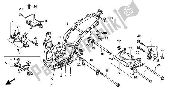 Alle onderdelen voor de Frame Lichaam van de Honda SH 300A 2011