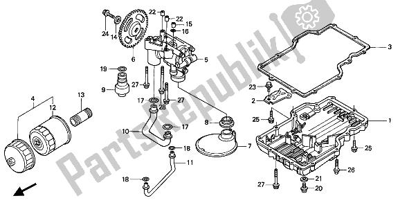 All parts for the Oil Pan & Oil Pump of the Honda CB 750F2 1994