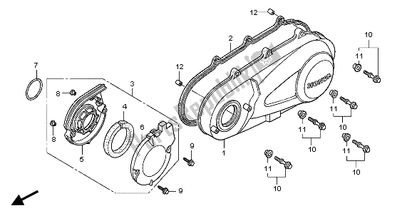 All parts for the Left Crankcase Cover of the Honda SH 125 2007