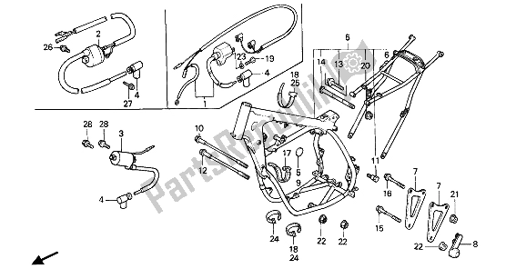 All parts for the Frame Body & Ignition Coil of the Honda CR 250R 1986