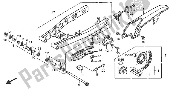 All parts for the Swingarm & Chain Case of the Honda XL 650V Transalp 2005