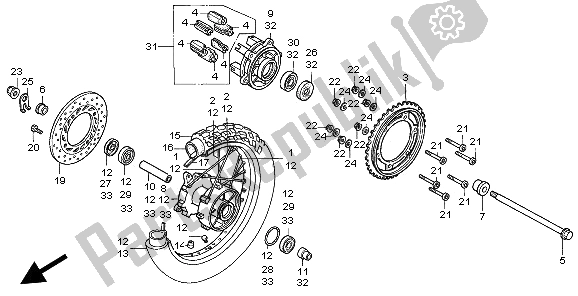 Alle onderdelen voor de Achterwiel van de Honda NX 650 1997