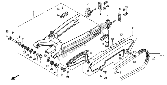 All parts for the Swingarm & Chain Case of the Honda VFR 750F 1987