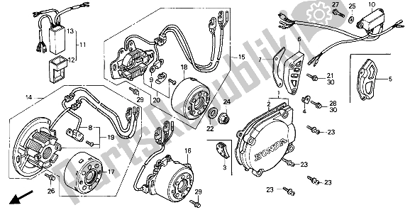 All parts for the Left Crankcase Cover & Generator & C. D. I. Unit of the Honda CR 125R 1989