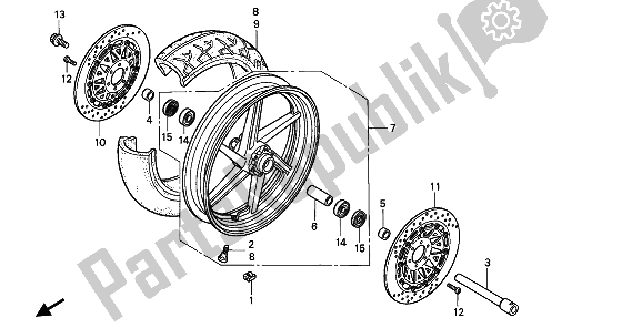 All parts for the Front Wheel of the Honda VFR 750F 1994