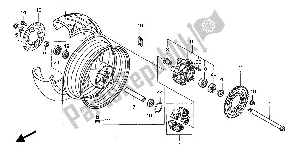 All parts for the Rear Wheel of the Honda VTR 1000F 2006