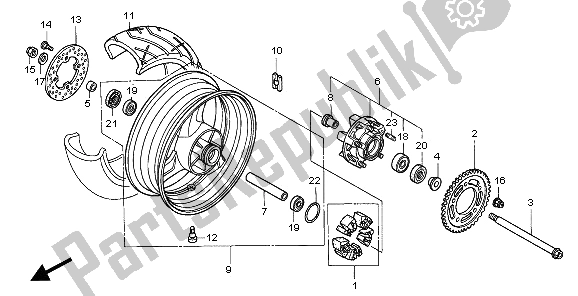 All parts for the Rear Wheel of the Honda VTR 1000F 2006