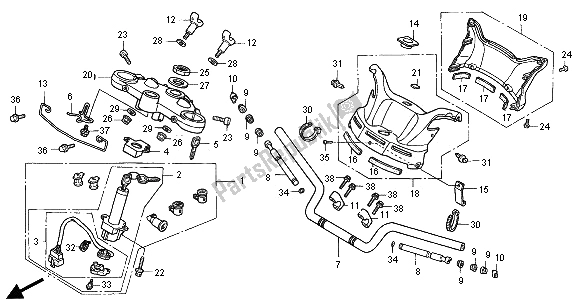 All parts for the Handle Pipe & Top Bridge of the Honda ST 1100A 2000