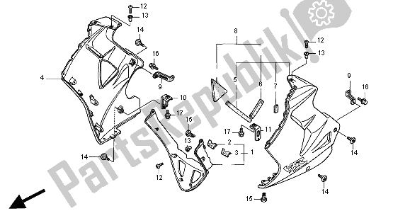 All parts for the Lower Cowl of the Honda VFR 800 FI 1998