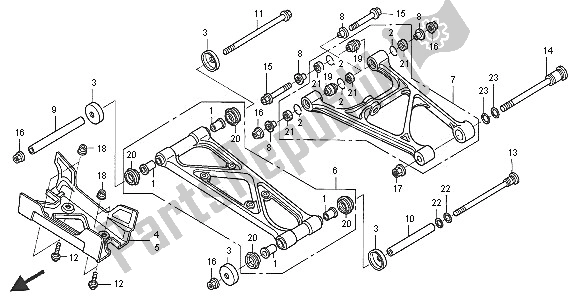 Alle onderdelen voor de Achterste Arm van de Honda TRX 650 FA Fourtrax Rincon 2005