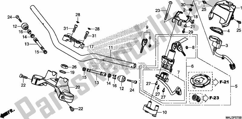 Alle onderdelen voor de Handle Pipe/top Bridge van de Honda CB 1000 RA 2019