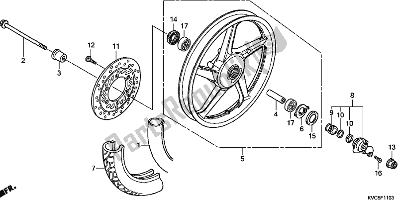 All parts for the Front Wheel (disk Brake) of the Honda CB 125E 2018