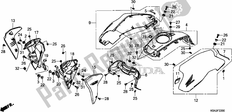 Alle onderdelen voor de Shroud/tank Cover van de Honda CBF 300 RA 2019