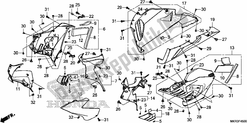 Alle onderdelen voor de Middelste Kap van de Honda CBR 1000 SP 2020