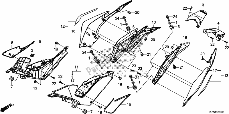 Alle onderdelen voor de Side Cover/rear Cowl van de Honda CBR 300 RA 2017