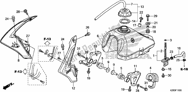 All parts for the Fuel Tank of the Honda CRF 125F 2018