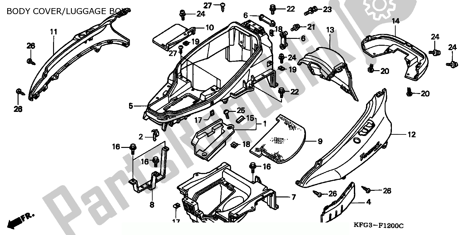 Alle onderdelen voor de Lichaamsafdekking / Kofferbak van de Honda FES 250 Foresight W Netherlands KPH 1998