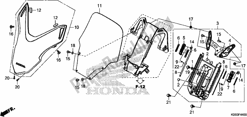 Alle onderdelen voor de Front Visor/windscreen van de Honda NSS 300A 2018