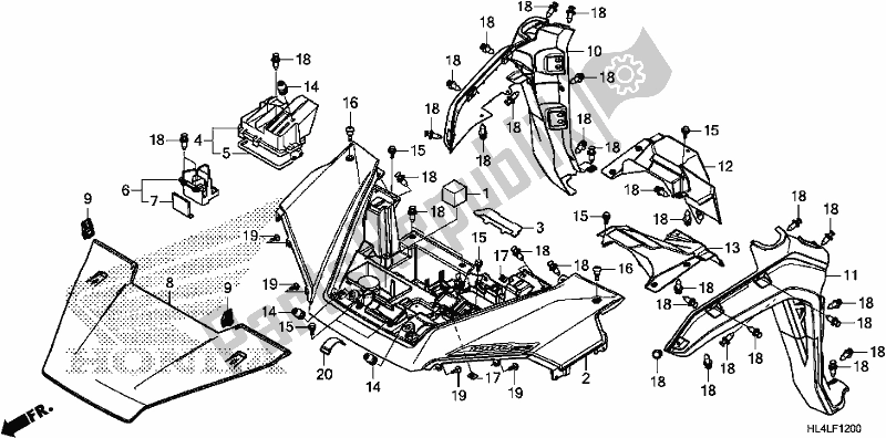 Alle onderdelen voor de Front Fender/hood van de Honda SXS 1000M3D Pioneer 1000 3 Seat 2020