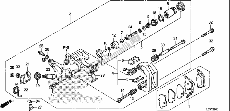 All parts for the Rear Brake Caliper of the Honda SXS 500M Pioneer 500 2019