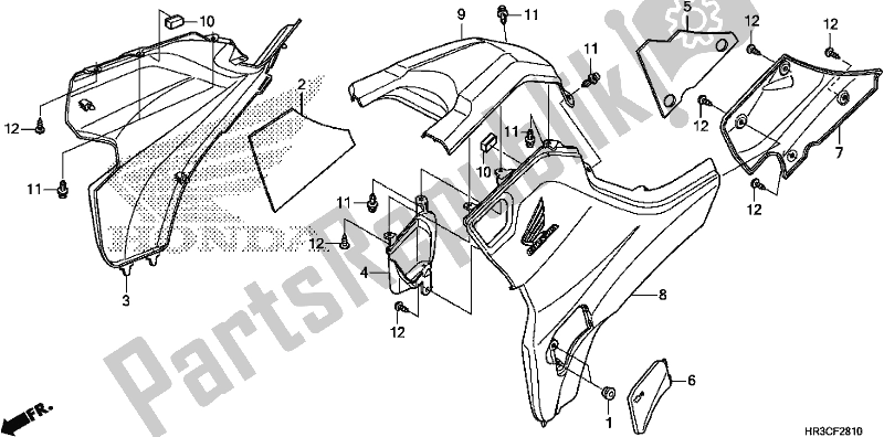 Alle onderdelen voor de Side Cover/tank Cover van de Honda TRX 420 FM1 2019