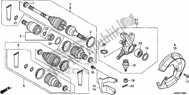 Alle onderdelen voor de Front Knuckle/front Driveshaft van de Honda TRX 500 FA7 2018