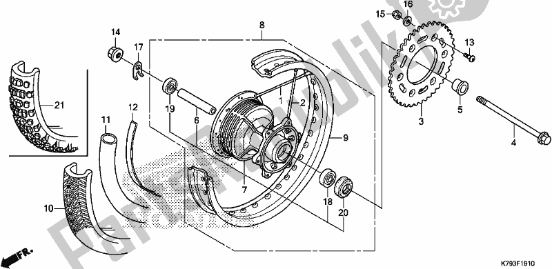 All parts for the Rear Wheel of the Honda XR 190 CT 2017