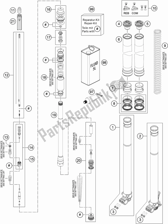 All parts for the Front Fork Disassembled of the Husqvarna 701 Enduro EU 2017