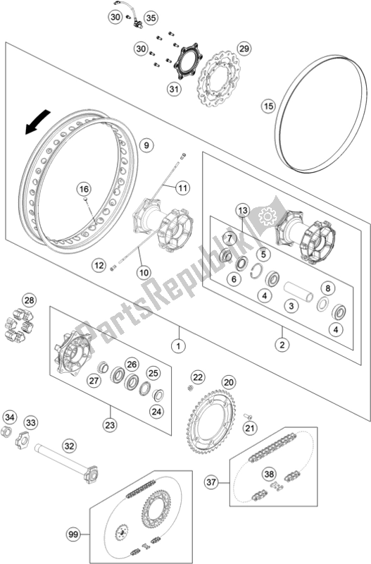 All parts for the Rear Wheel of the Husqvarna 701 Enduro EU 2018