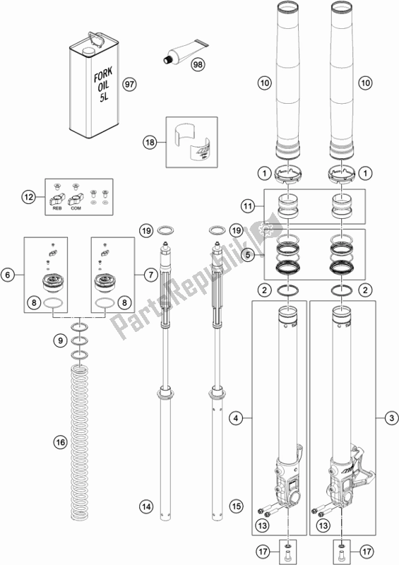 All parts for the Front Fork Disassembled of the Husqvarna 701 Enduro EU 2020