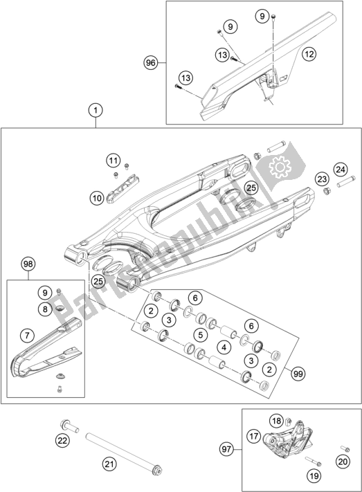 All parts for the Swing Arm of the Husqvarna 701 Enduro LR EU 2020