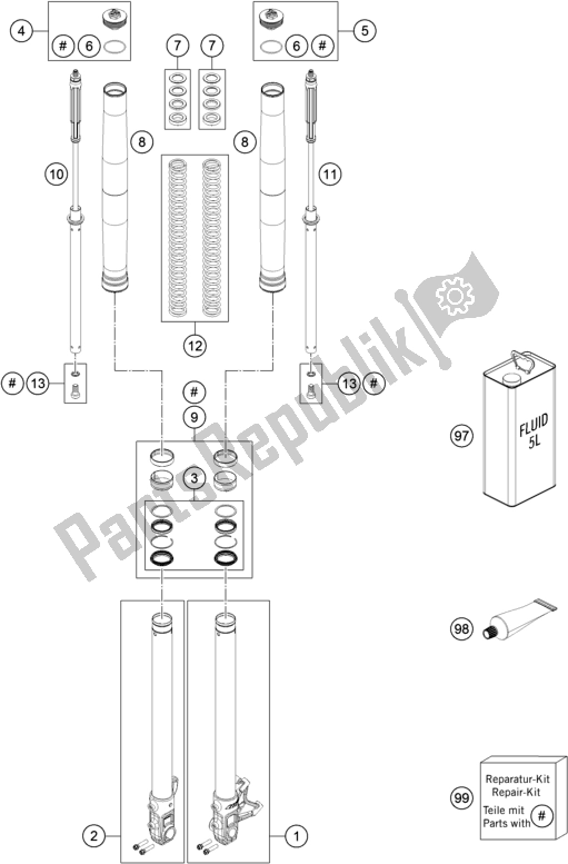 All parts for the Front Fork Disassembled of the Husqvarna 701 Supermoto EU 2017