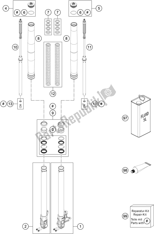 All parts for the Front Fork Disassembled of the Husqvarna 701 Supermoto EU 2018