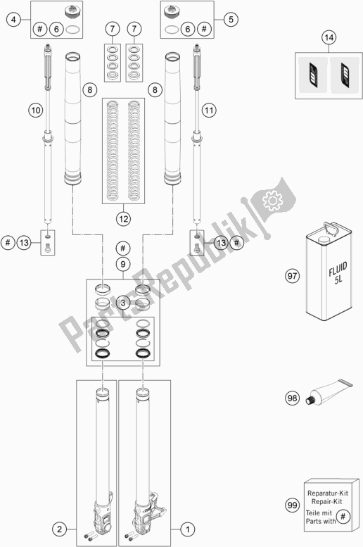 All parts for the Front Fork Disassembled of the Husqvarna 701 Supermoto EU 2019