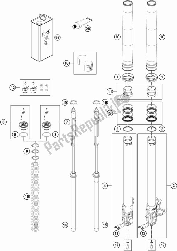 All parts for the Front Fork Disassembled of the Husqvarna 701 Supermoto EU 2020