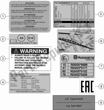 Todas as partes de Technic Information Sticker do Husqvarna 701 Supermoto EU 2020