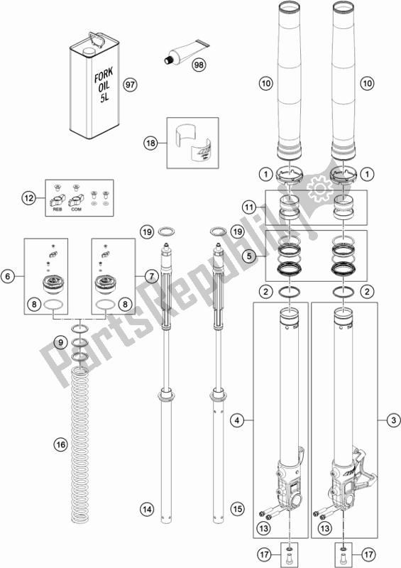 All parts for the Front Fork Disassembled of the Husqvarna 701 Supermoto EU 2021