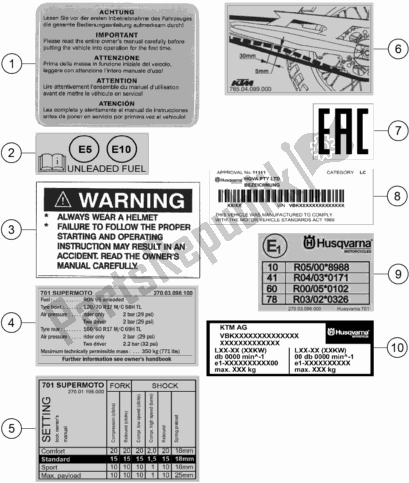 All parts for the Technic Information Sticker of the Husqvarna 701 Supermoto EU 2021