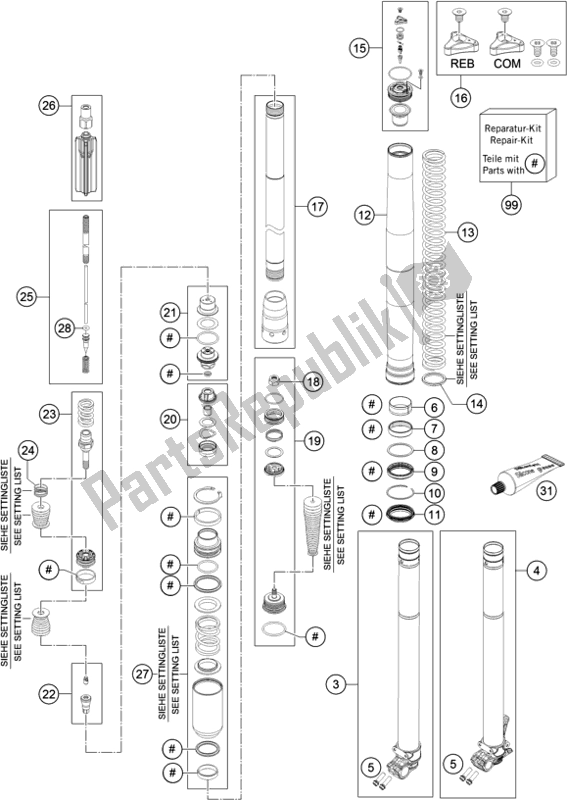 All parts for the Front Fork Disassembled of the Husqvarna FC 250 EU 2016