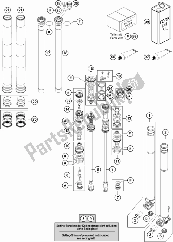 All parts for the Front Fork Disassembled of the Husqvarna FC 250 EU 2018