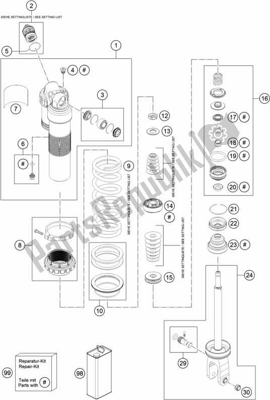 All parts for the Shock Absorber Disassembled of the Husqvarna FC 250 EU 2018