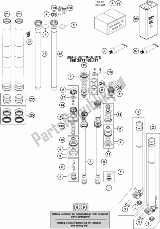 All parts for the Front Fork Disassembled of the Husqvarna FC 250 EU 2019