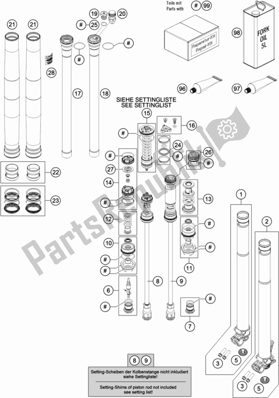 All parts for the Front Fork Disassembled of the Husqvarna FC 350 2019