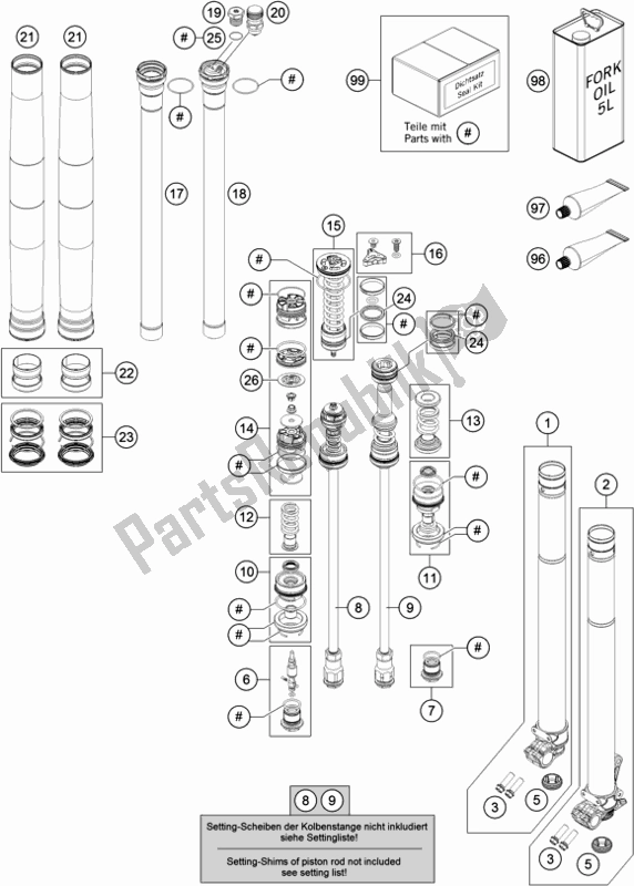 All parts for the Front Fork Disassembled of the Husqvarna FC 350 EU 2017